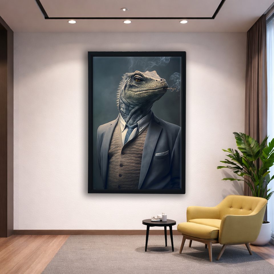 Iguana Gentleman in a Suit canvas wall art, black floating frame
