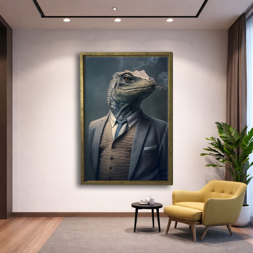 Iguana Gentleman in a Suit canvas wall art, gold floating frame