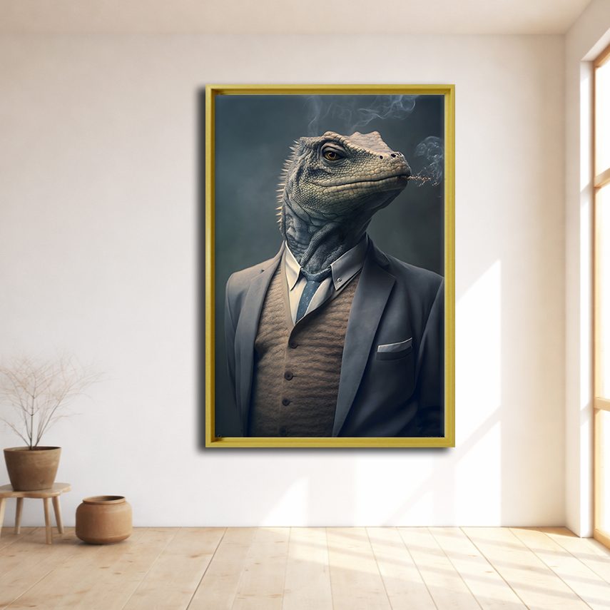 Iguana Gentleman in a Suit canvas wall art, natural wood floating frame