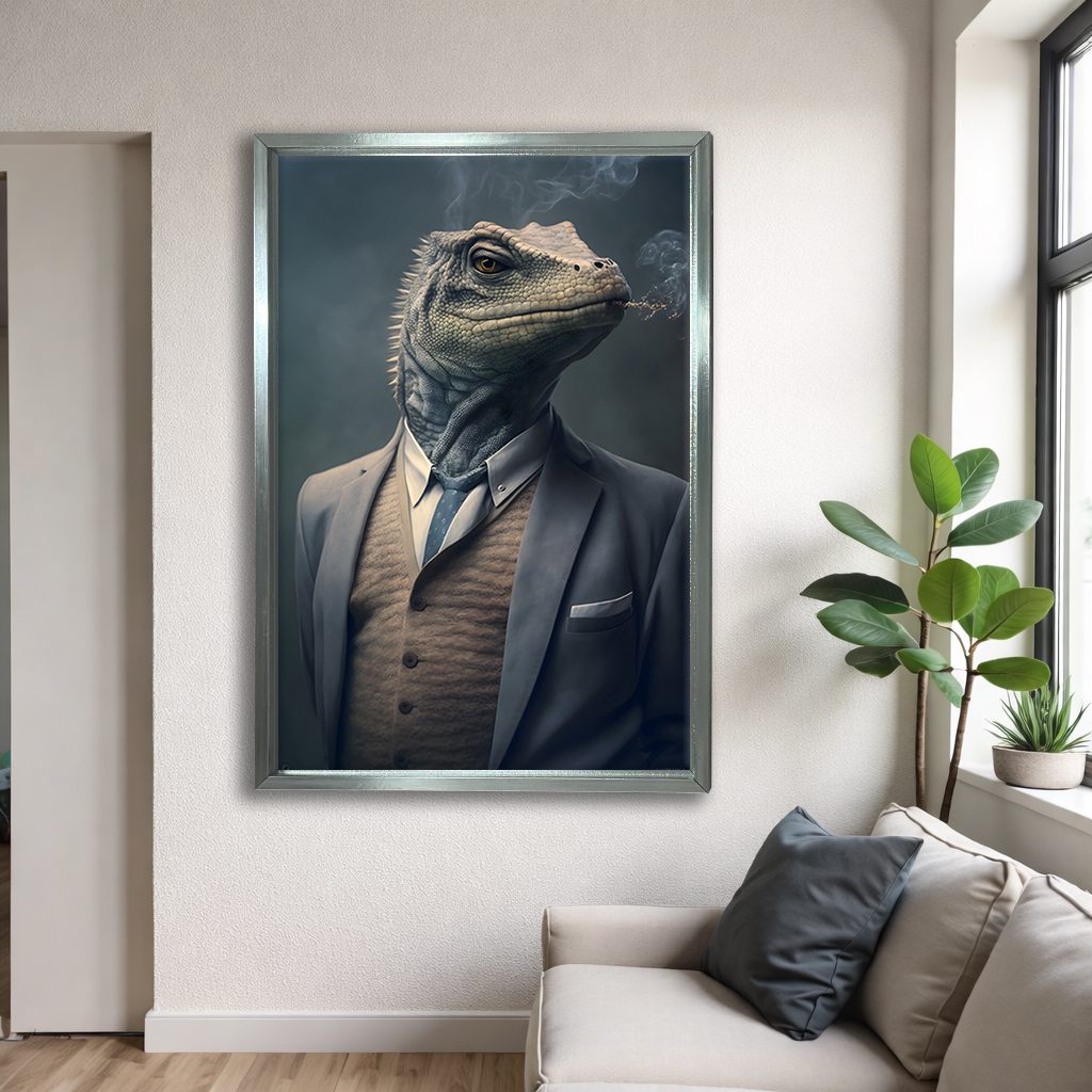Iguana Gentleman in a Suit canvas wall art, silver floating frame