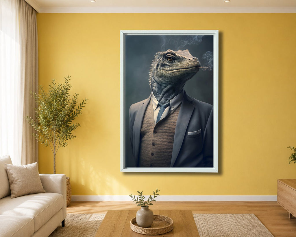 Iguana Gentleman in a Suit canvas wall art, white floating frame