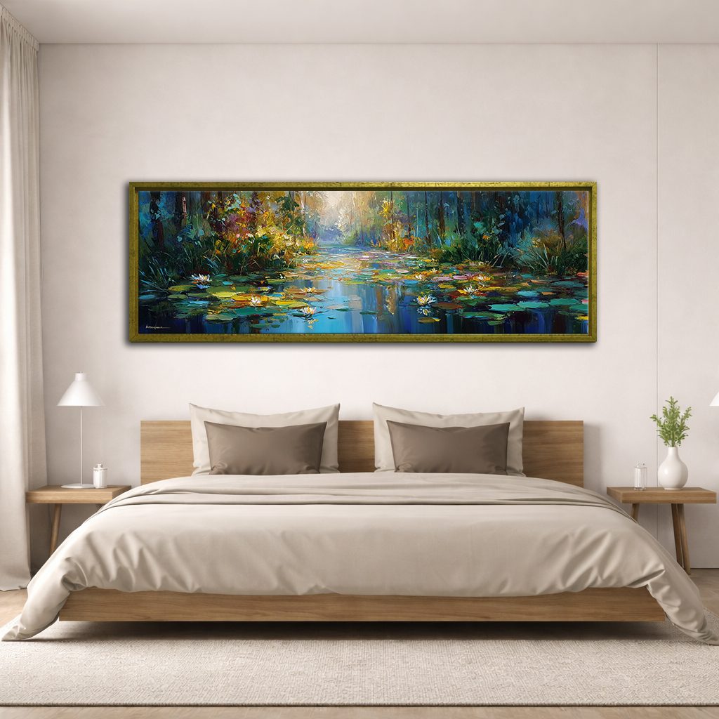 Impressionist Water Lily Pond canvas wall art, antique gold floating frame