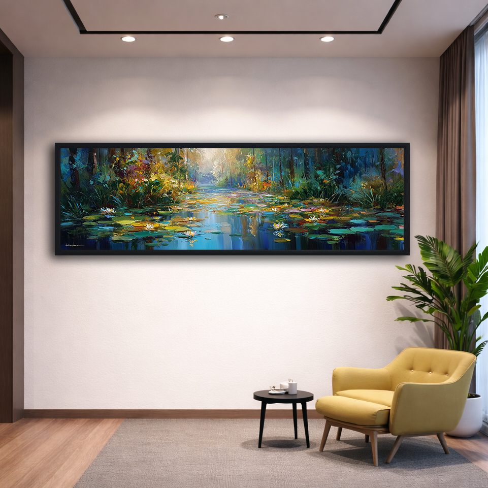Impressionist Water Lily Pond canvas wall art, black floating frame