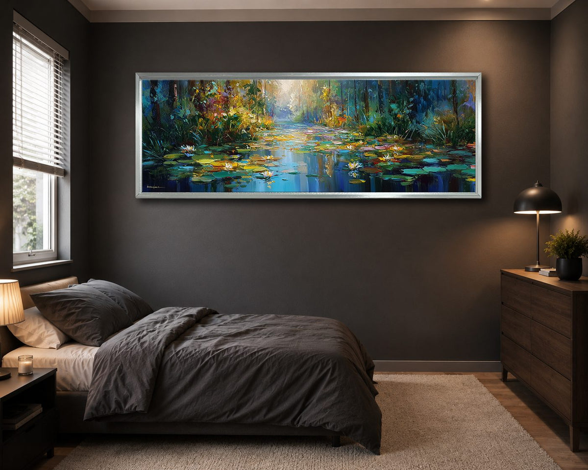 Impressionist Water Lily Pond canvas wall art, silver floating frame