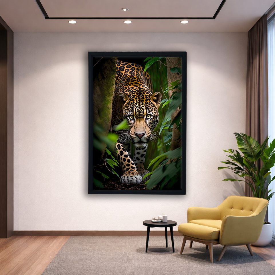 Jaguar in the Jungle canvas wall art, black floating frame