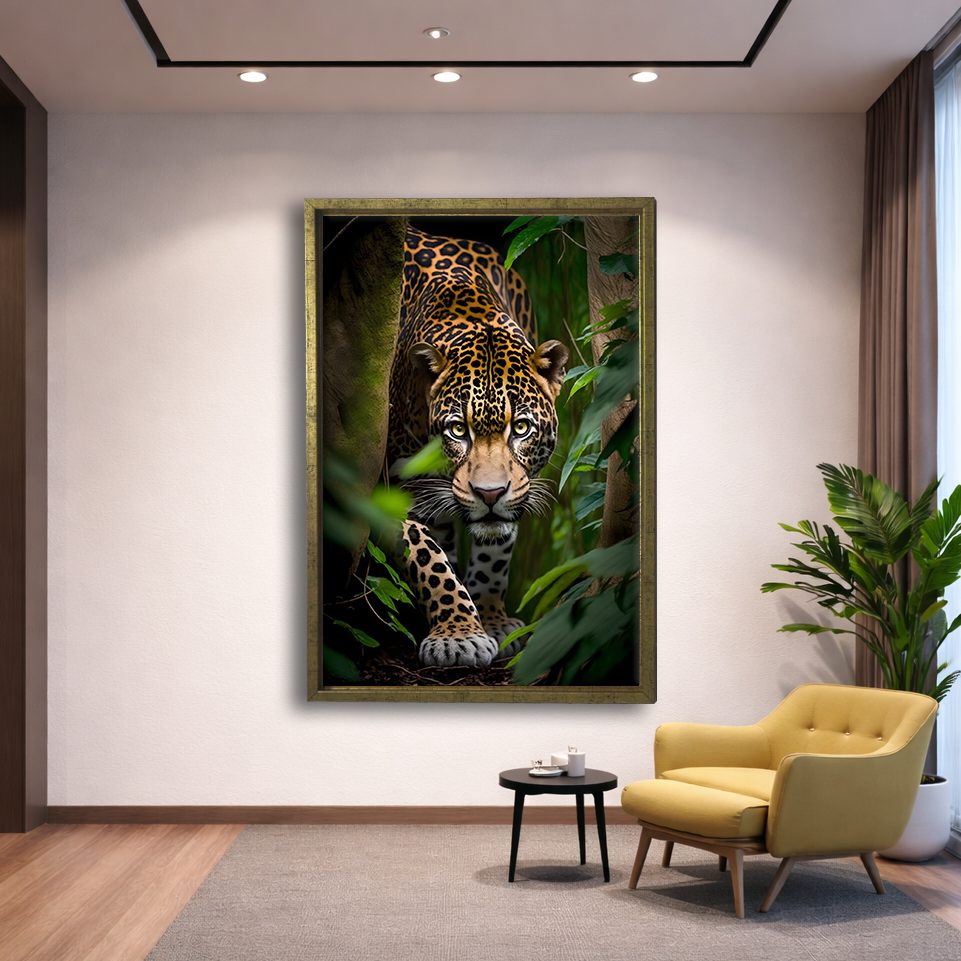 Jaguar in the Jungle canvas wall art, gold floating frame