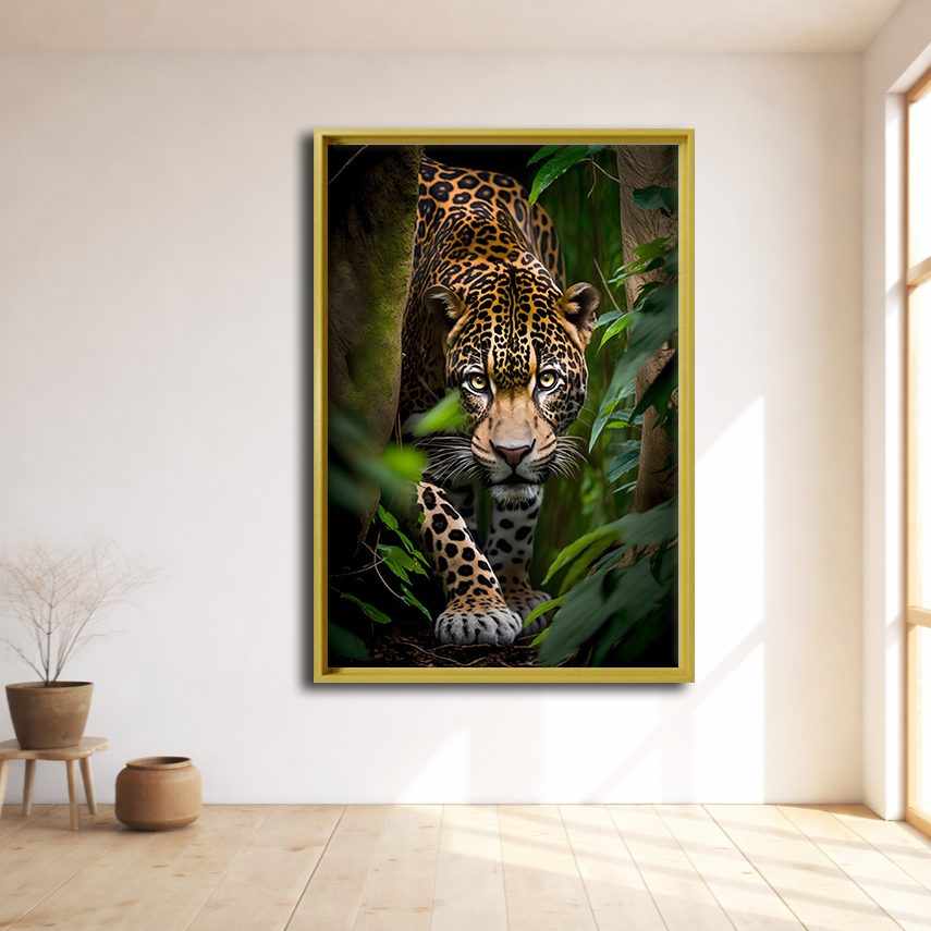 Jaguar in the Jungle canvas wall art, natural wood floating frame