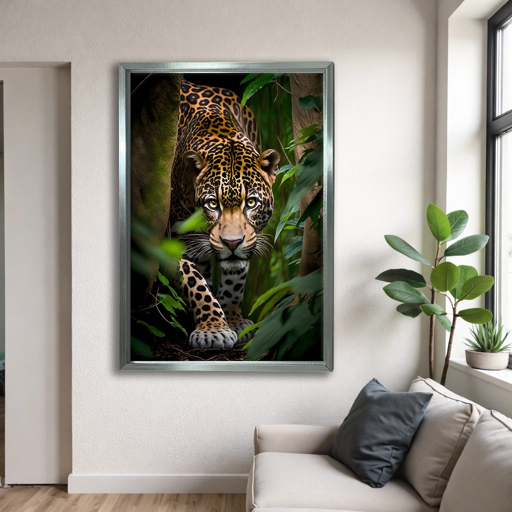 Jaguar in the Jungle canvas wall art, silver floating frame