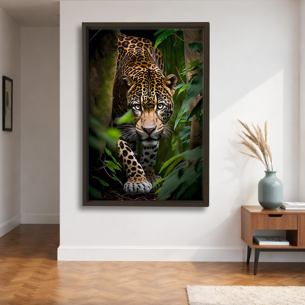 Jaguar in the Jungle canvas wall art, walnut floating frame