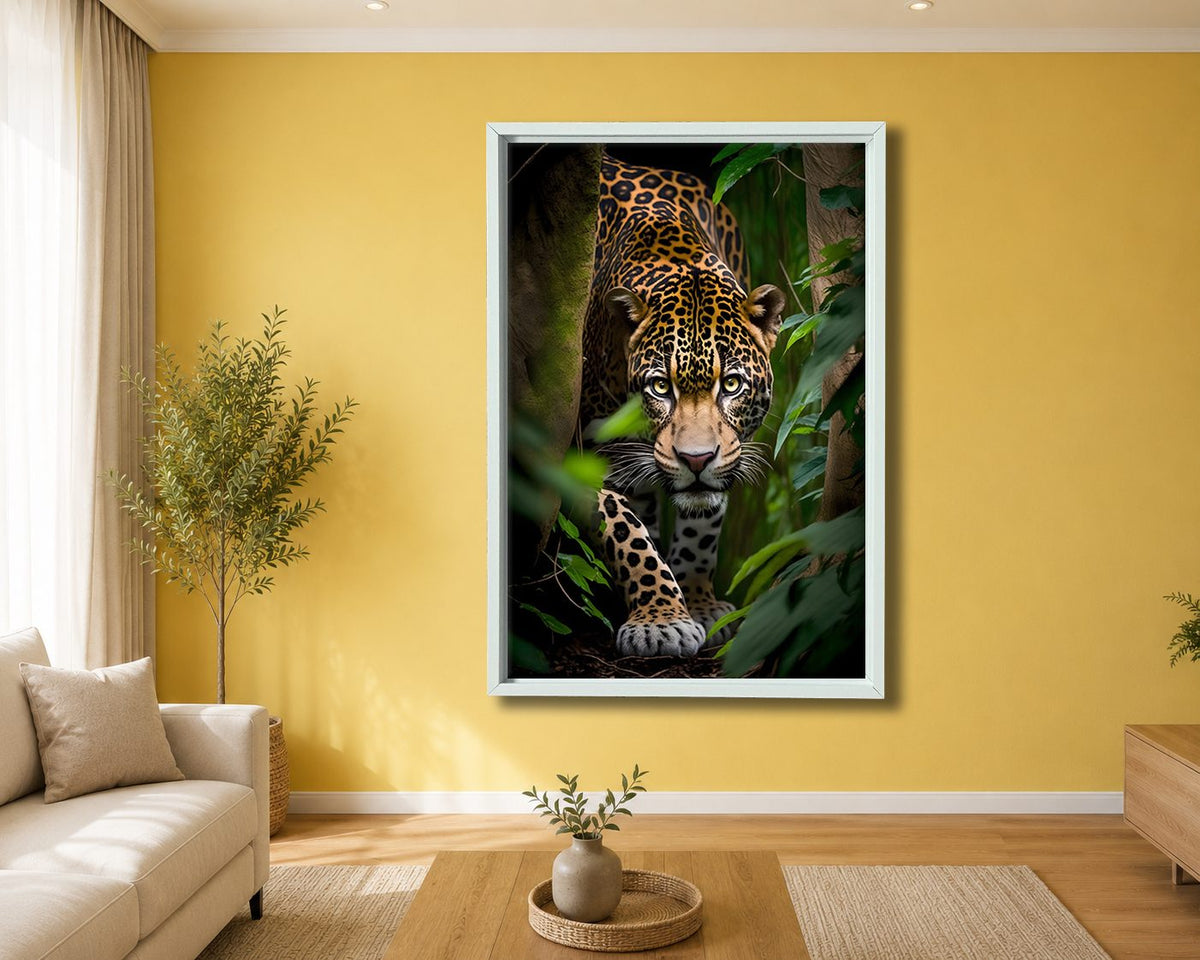 Jaguar in the Jungle canvas wall art, white floating frame