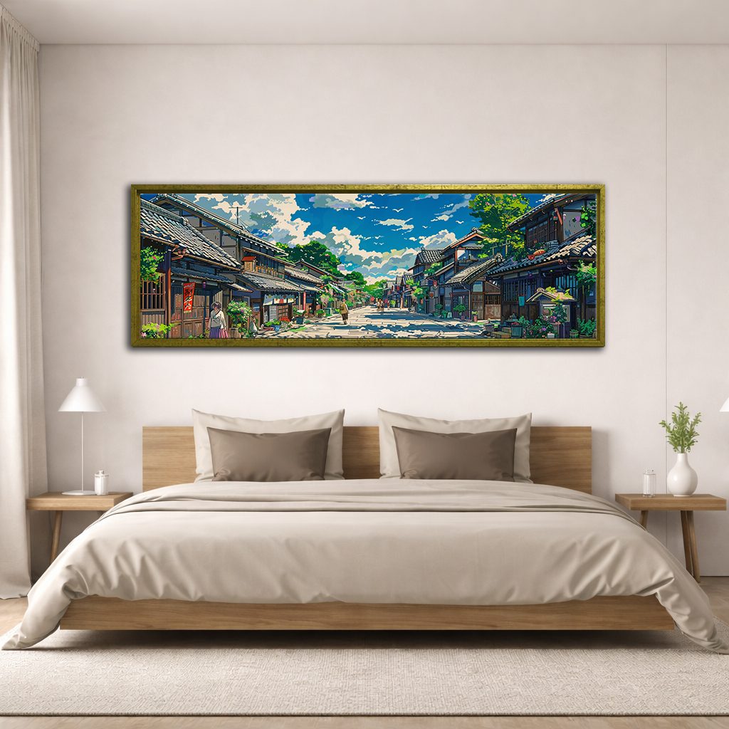 Japanese Village Street Anime Style canvas wall art, antique gold floating frame