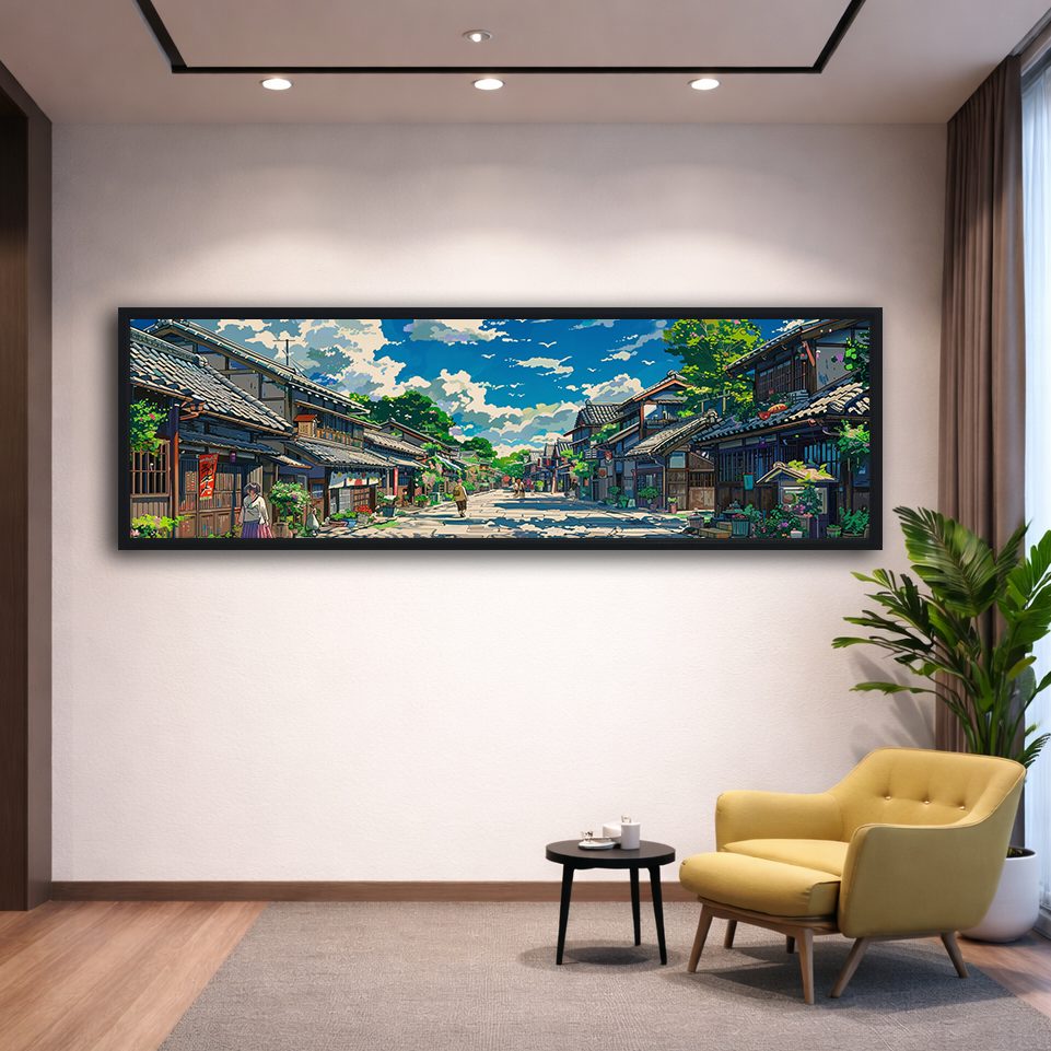 Japanese Village Street Anime Style canvas wall art, black floating frame