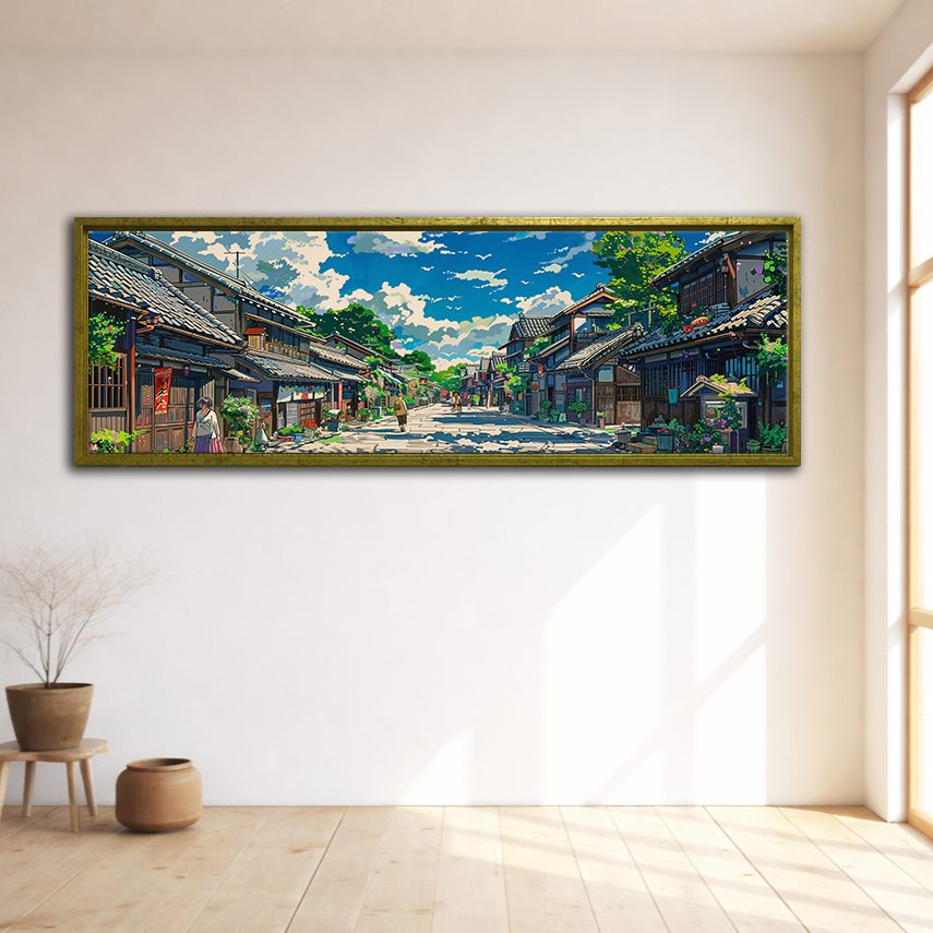 Japanese Village Street Anime Style canvas wall art, gold floating frame