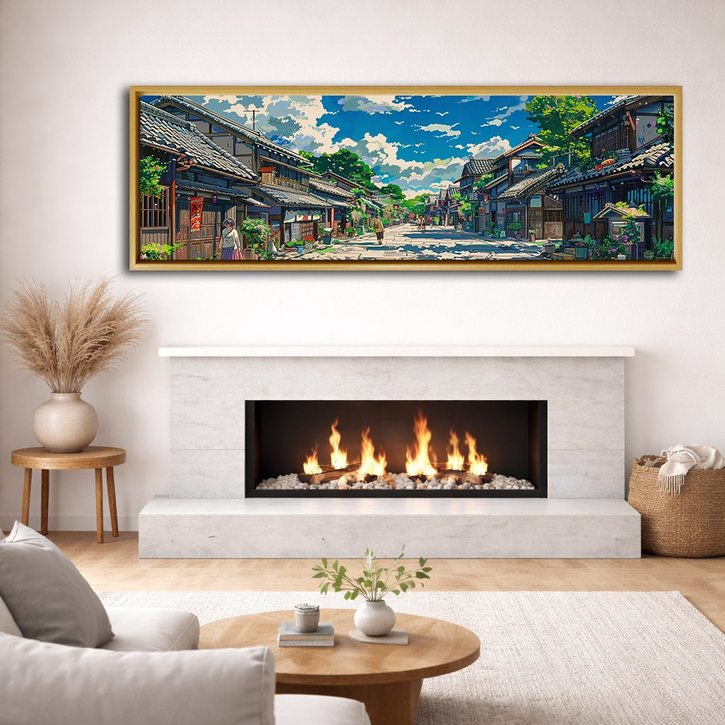 Japanese Village Street Anime Style canvas wall art, natural wood floating frame