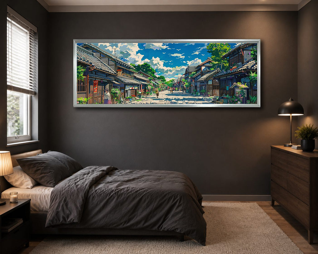 Japanese Village Street Anime Style canvas wall art, silver floating frame