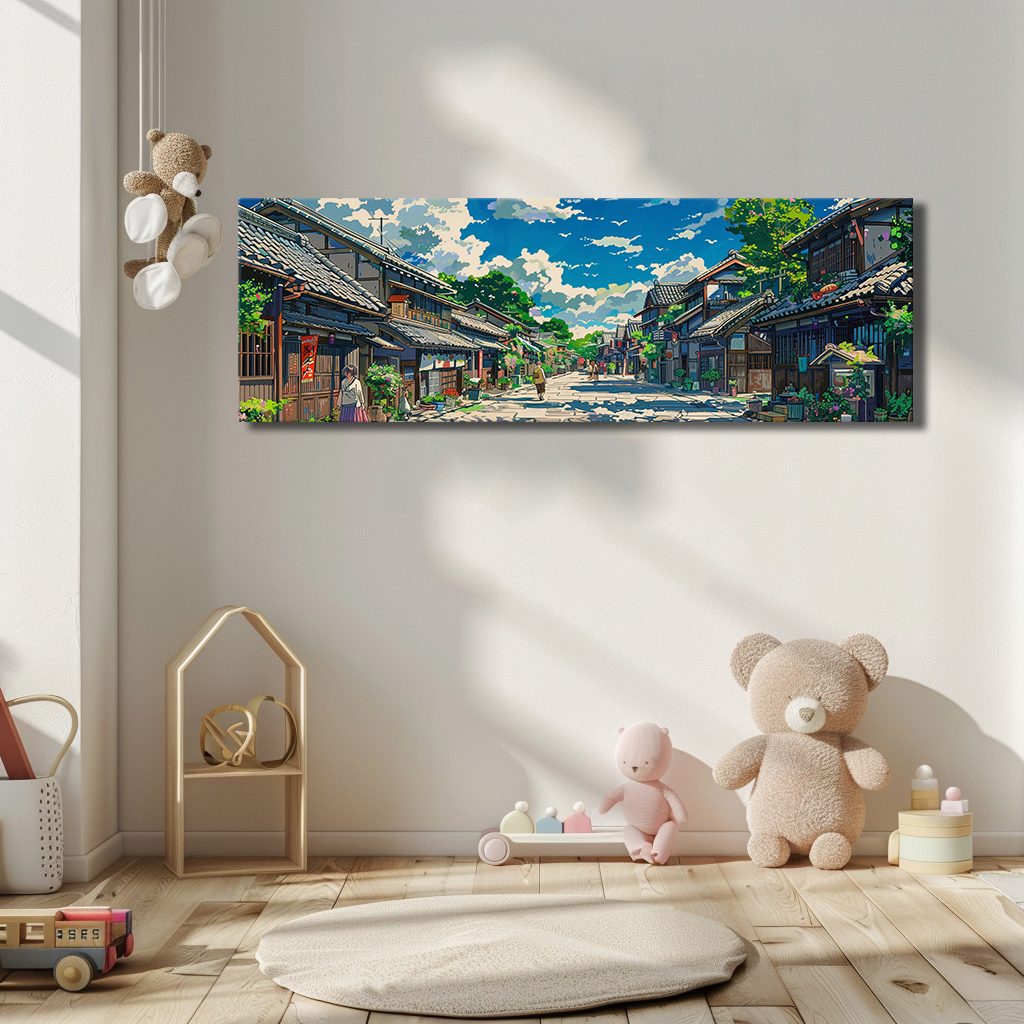 Japanese Village Street Anime Style canvas wall art, unframed canvas