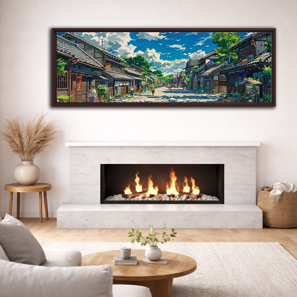 Japanese Village Street Anime Style canvas wall art, walnut floating frame