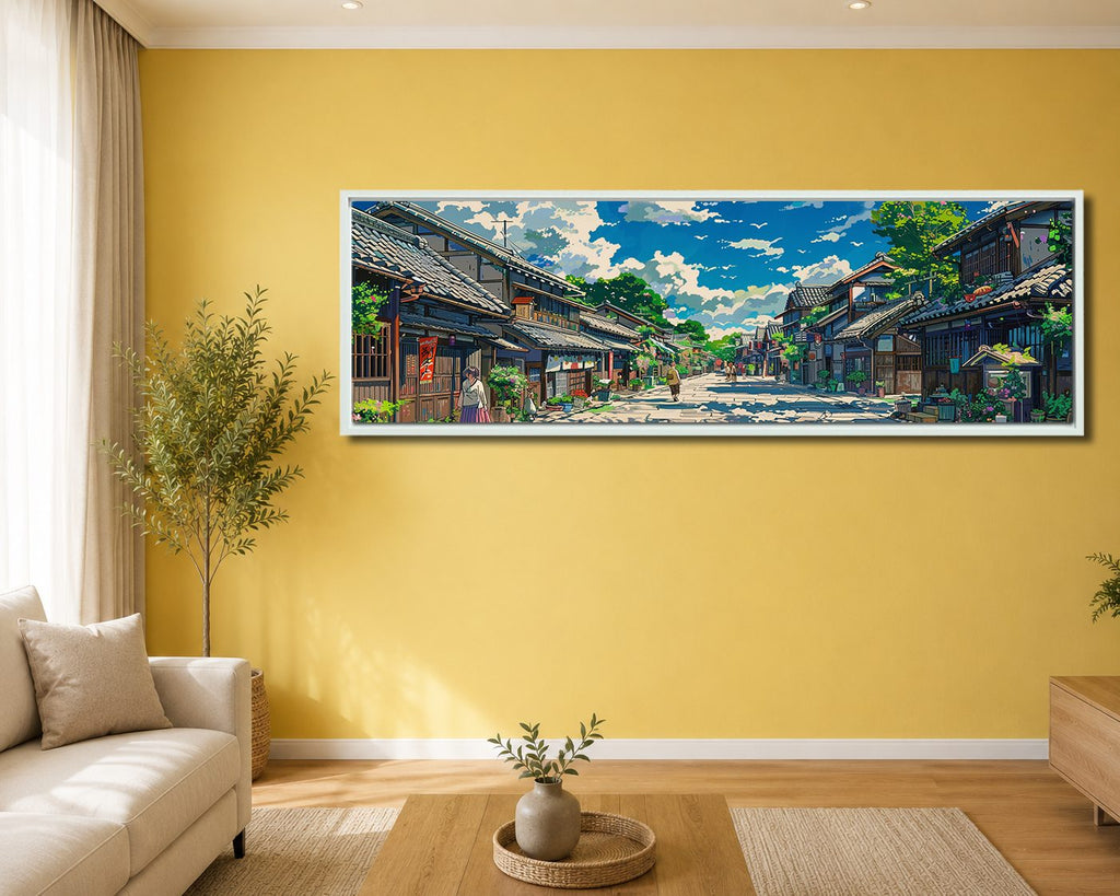 Japanese Village Street Anime Style canvas wall art, white floating frame