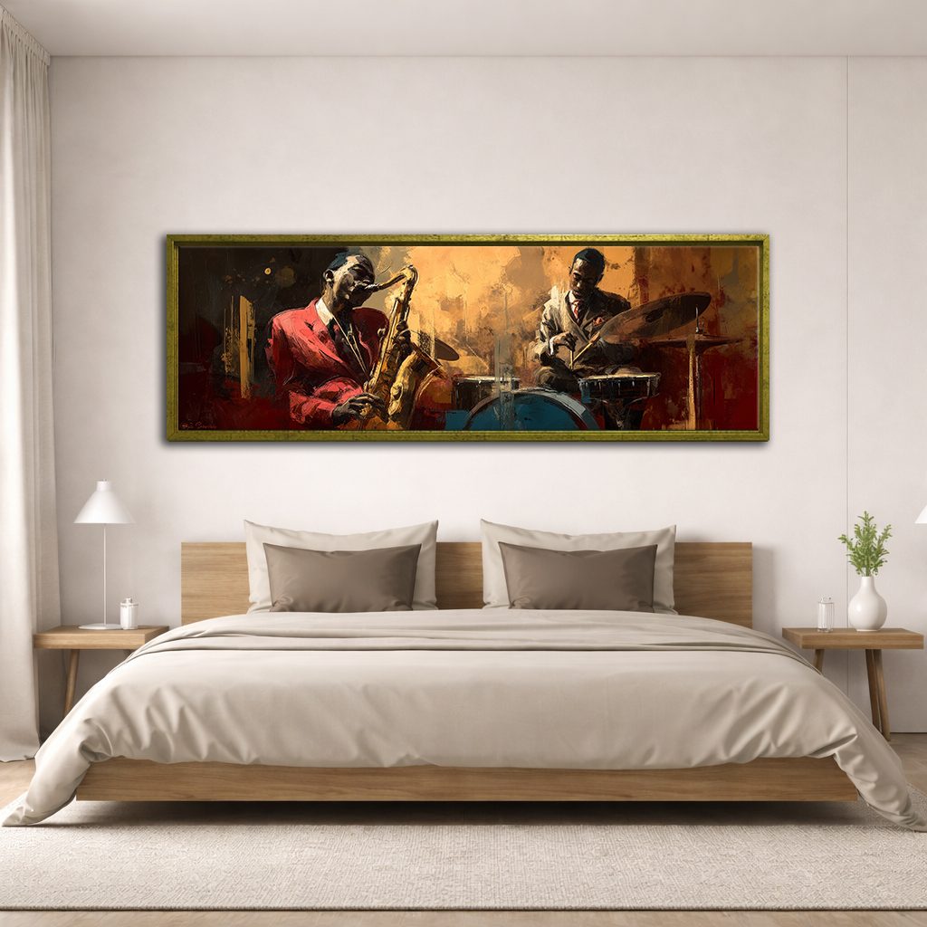 Jazz Saxophone and Drums Musicians canvas wall art, antique gold floating frame