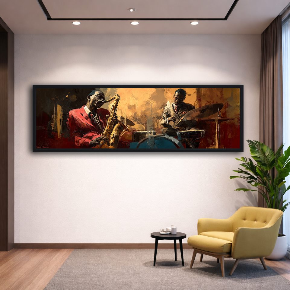 Jazz Saxophone and Drums Musicians canvas wall art, black floating frame