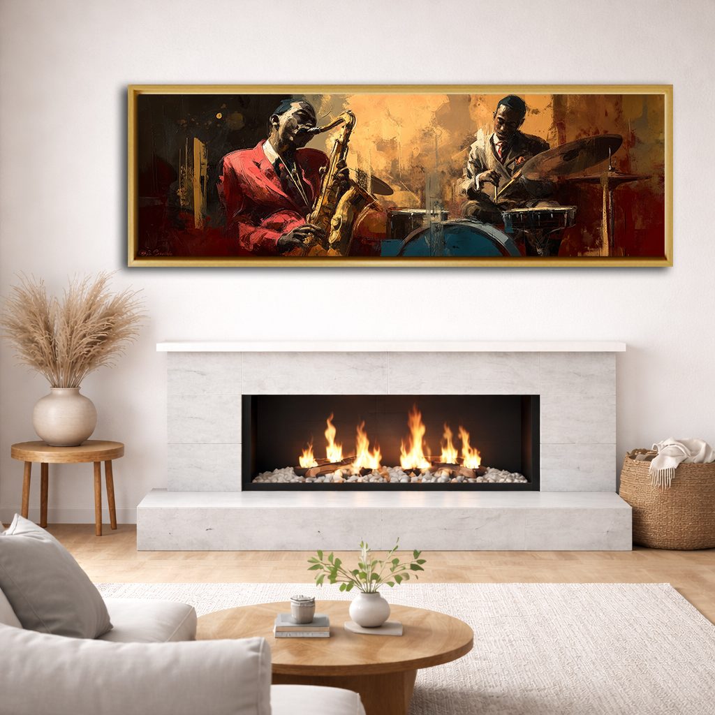 Jazz Saxophone and Drums Musicians canvas wall art, natural wood floating frame