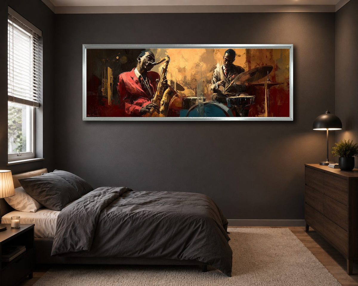 Jazz Saxophone and Drums Musicians canvas wall art, silver floating frame