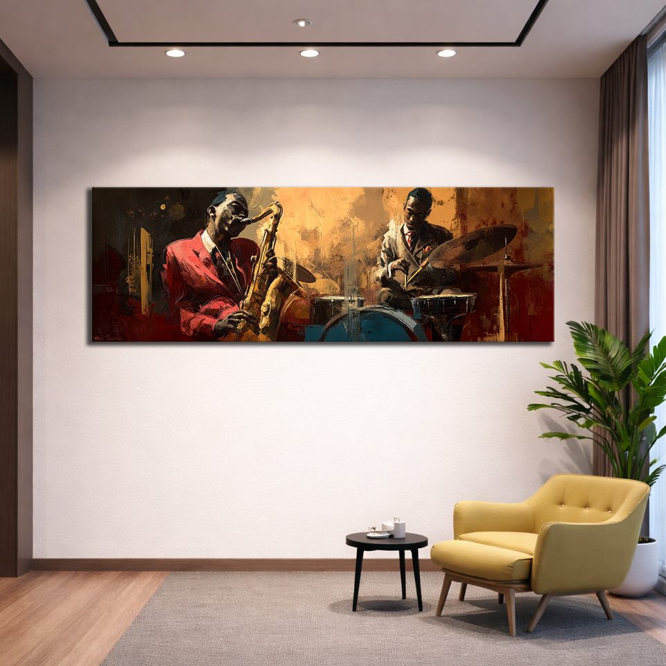 Jazz Saxophone and Drums Musicians canvas wall art, unframed canvas