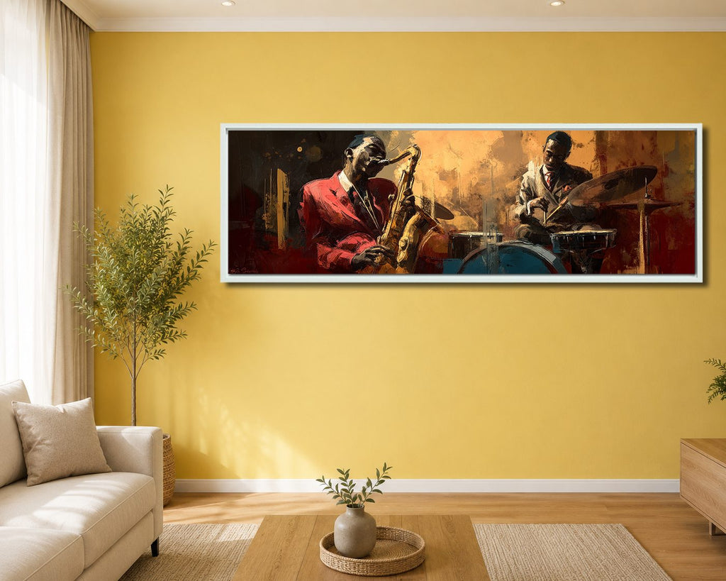 Jazz Saxophone and Drums Musicians canvas wall art, white floating frame