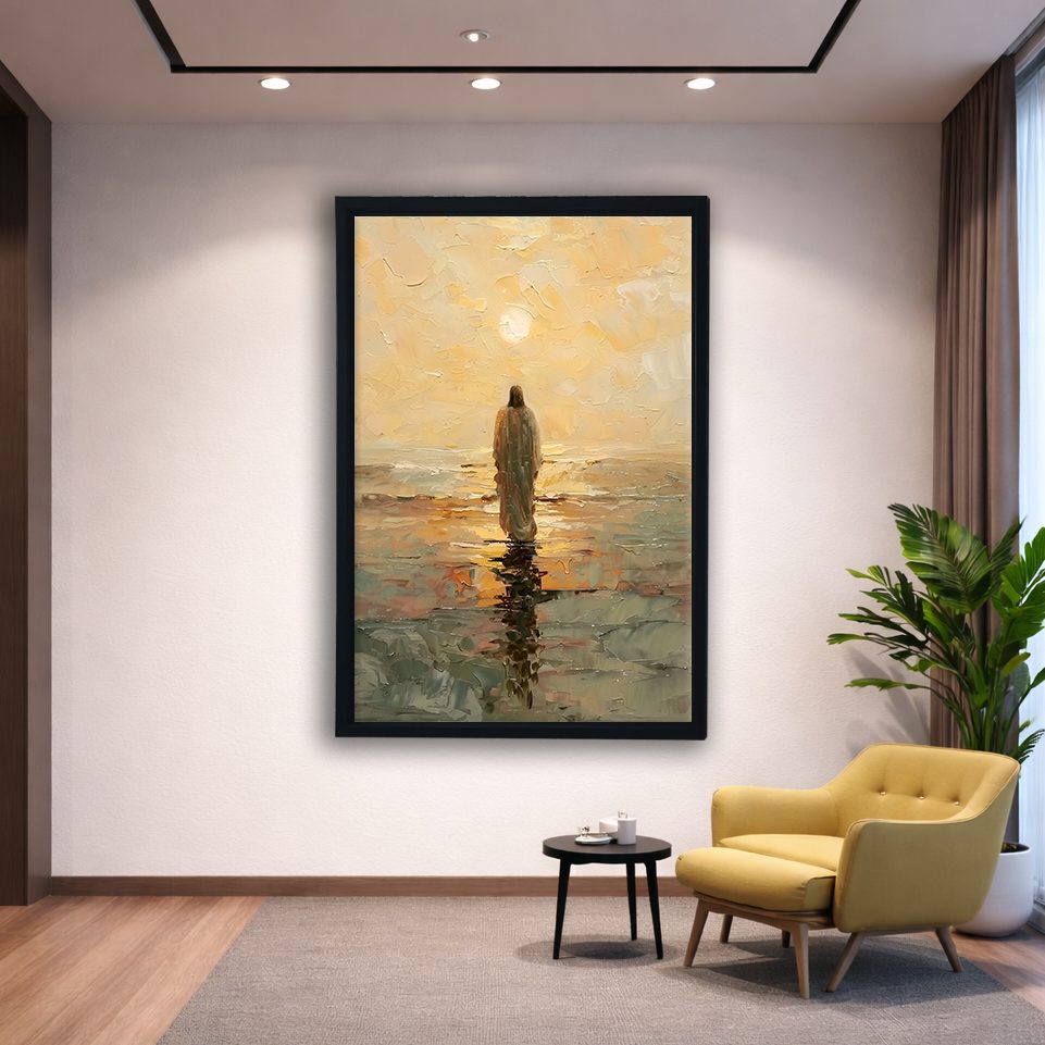 Jesus Walking on Golden Sea canvas wall art, black floating frame