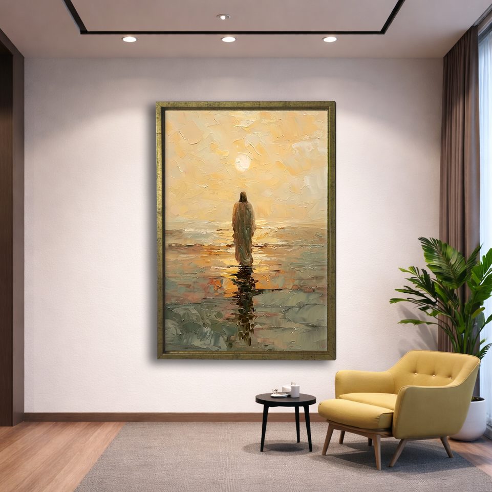 Jesus Walking on Golden Sea canvas wall art, gold floating frame
