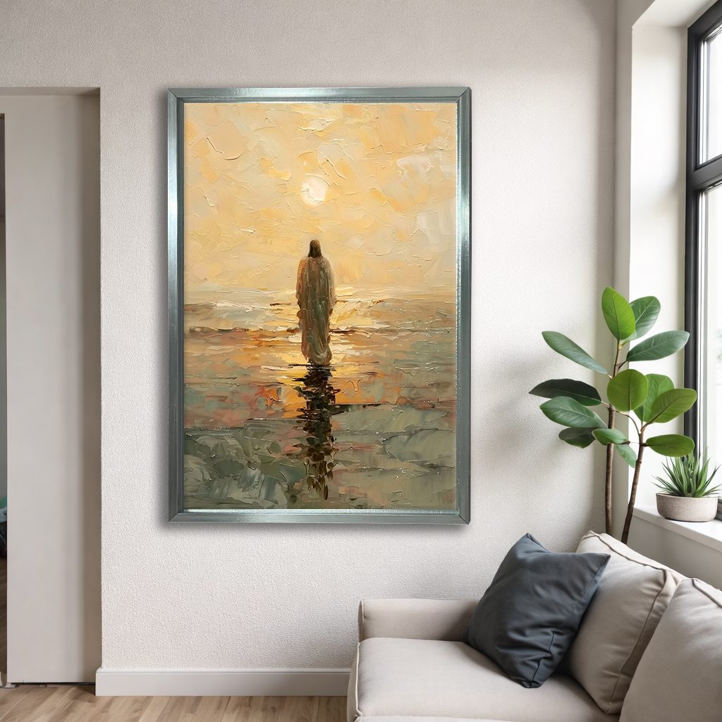 Jesus Walking on Golden Sea canvas wall art, silver floating frame