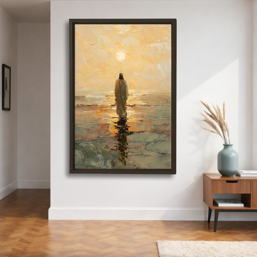 Jesus Walking on Golden Sea canvas wall art, walnut floating frame