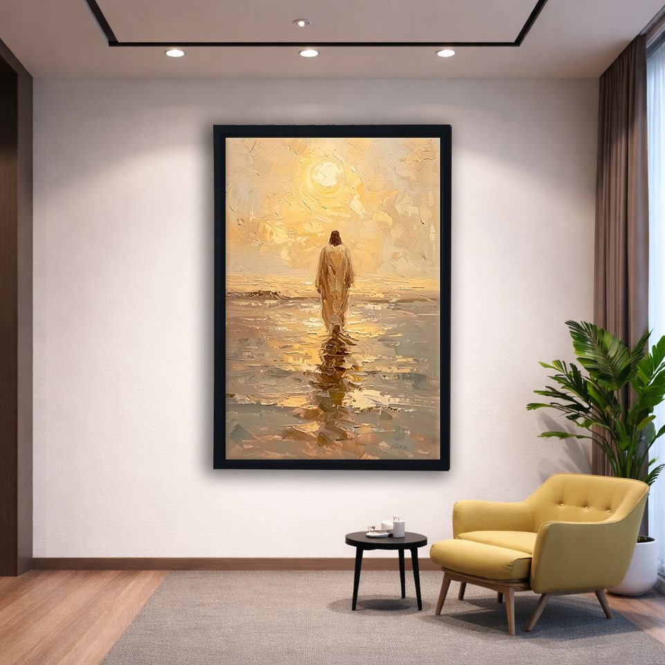 Jesus Walking on Water at Sunset canvas wall art, black floating frame