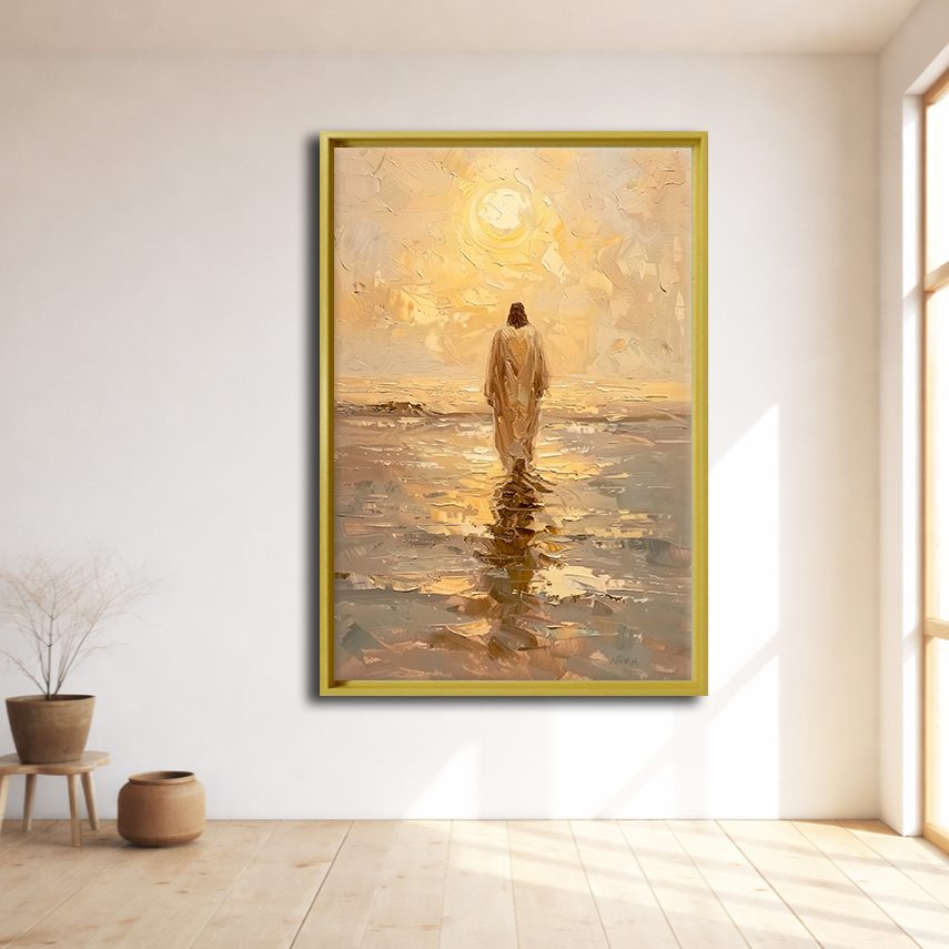 Jesus Walking on Water at Sunset canvas wall art, natural wood floating frame