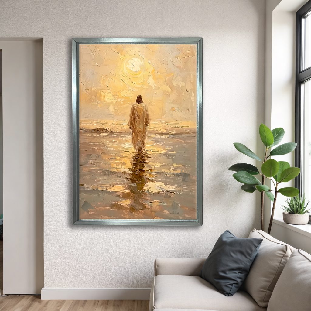 Jesus Walking on Water at Sunset canvas wall art, silver floating frame