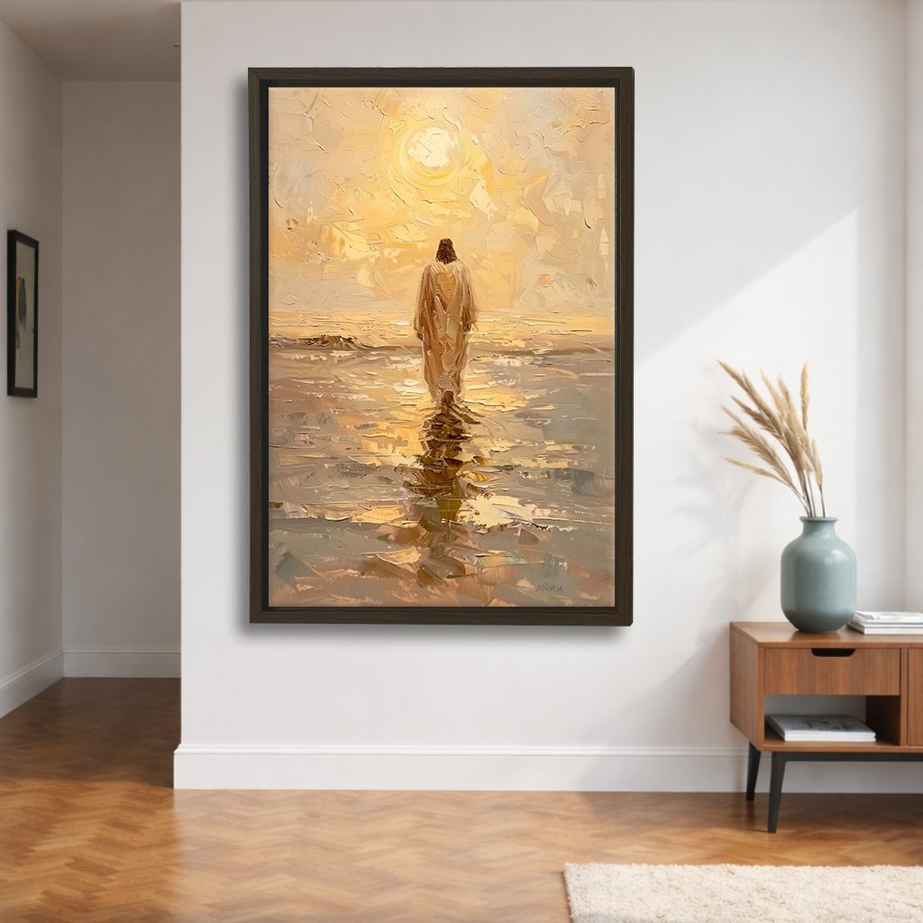 Jesus Walking on Water at Sunset canvas wall art, walnut floating frame