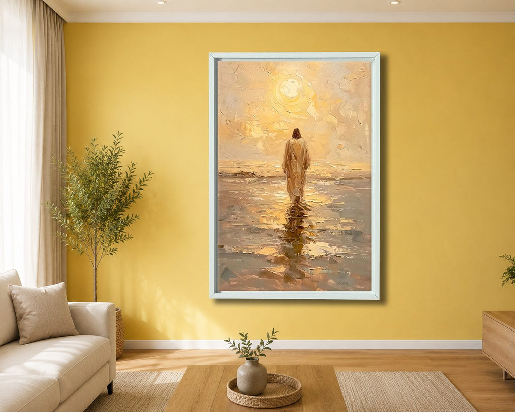 Jesus Walking on Water at Sunset canvas wall art, white floating frame