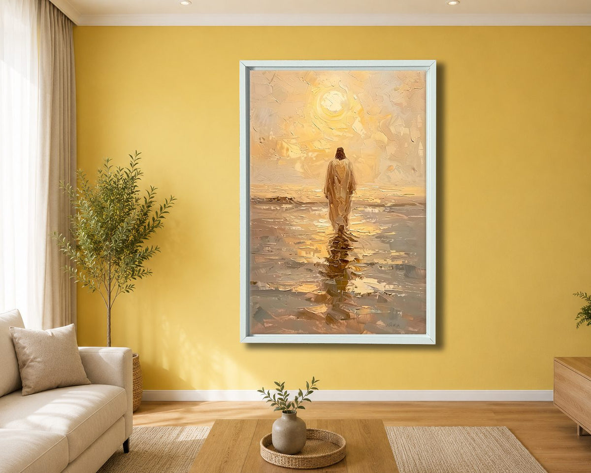 Jesus Walking on Water at Sunset canvas wall art, white floating frame