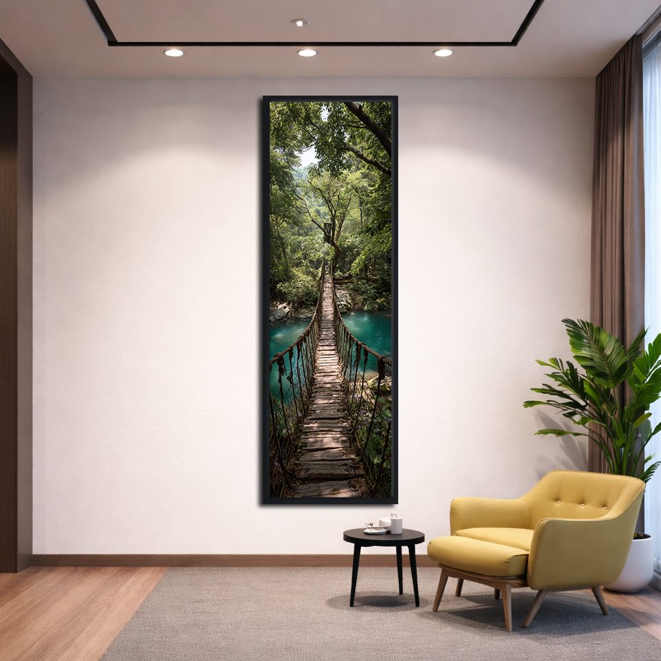 Jungle Rope Bridge canvas wall art, black floating frame