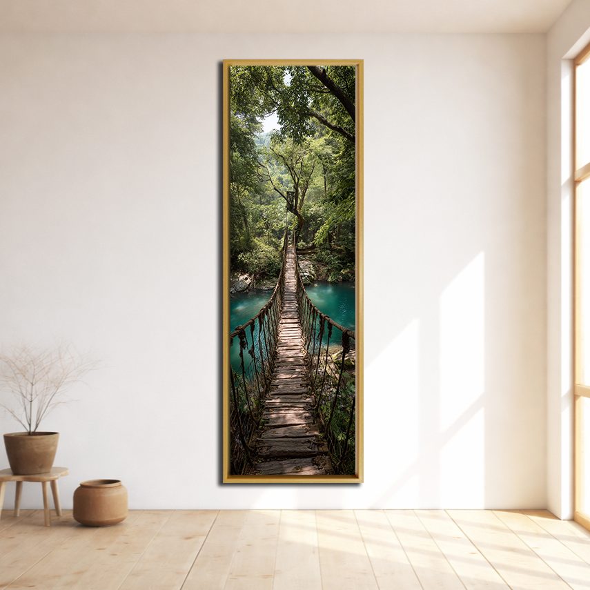 Jungle Rope Bridge canvas wall art, natural wood floating frame