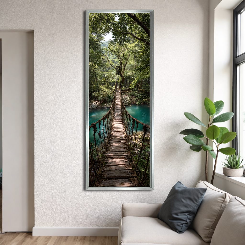 Jungle Rope Bridge canvas wall art, silver floating frame