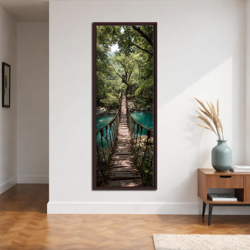 Jungle Rope Bridge canvas wall art, walnut floating frame