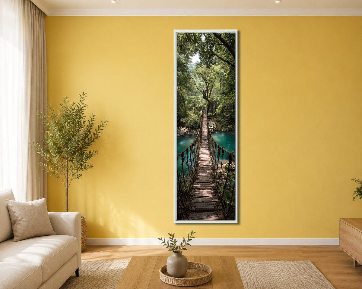 Jungle Rope Bridge canvas wall art, white floating frame