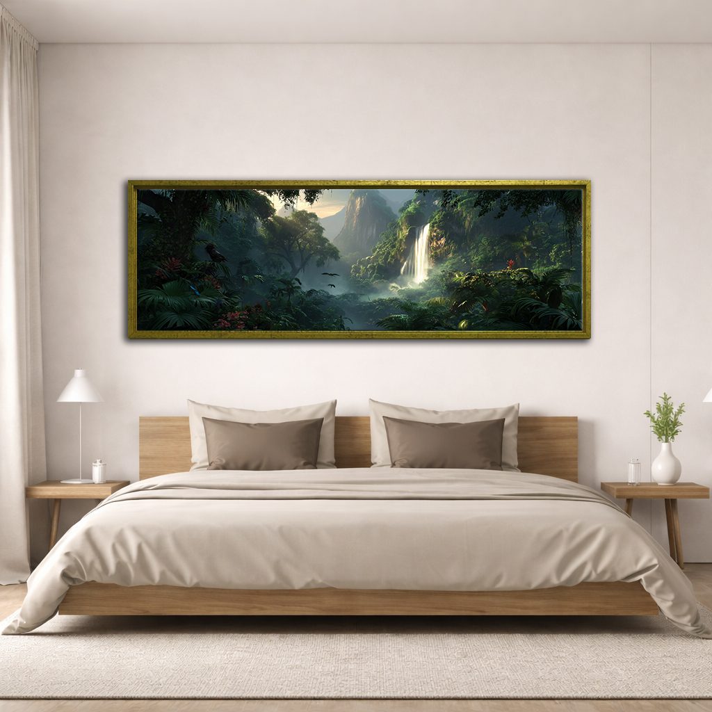 Jungle Waterfall Valley canvas wall art, antique gold floating frame