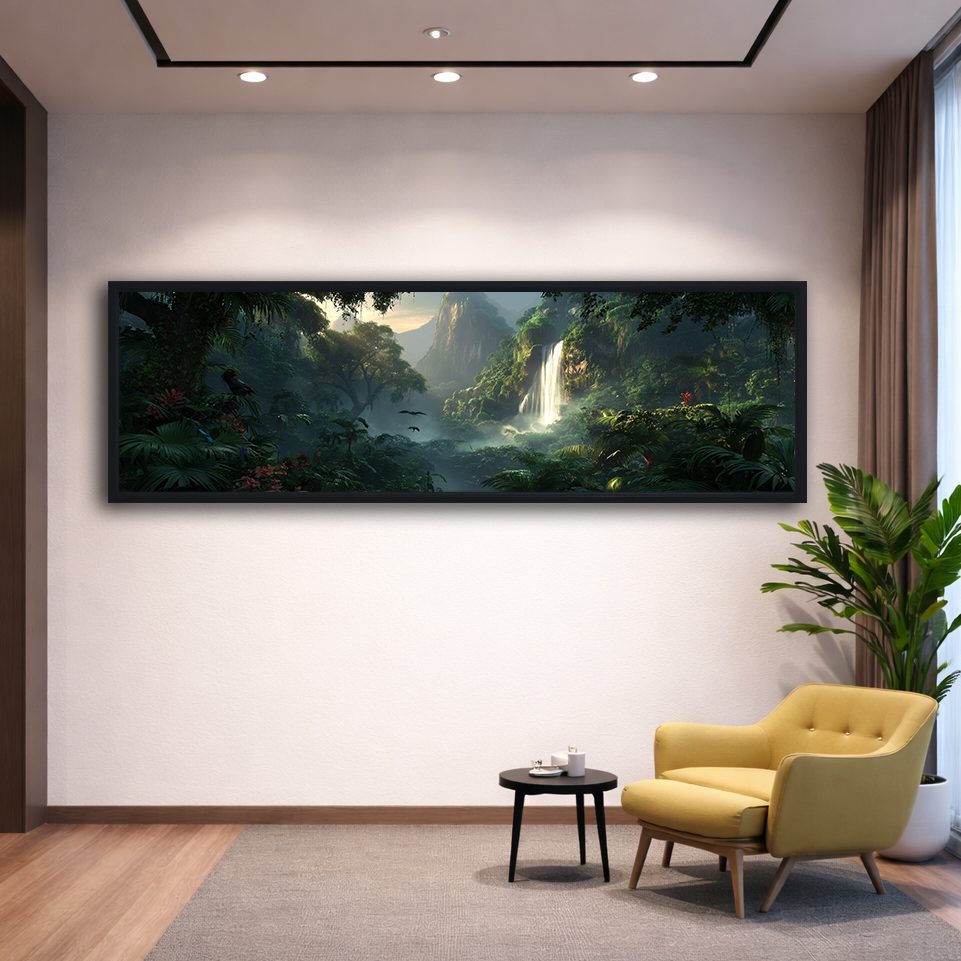 Jungle Waterfall Valley canvas wall art, black floating frame