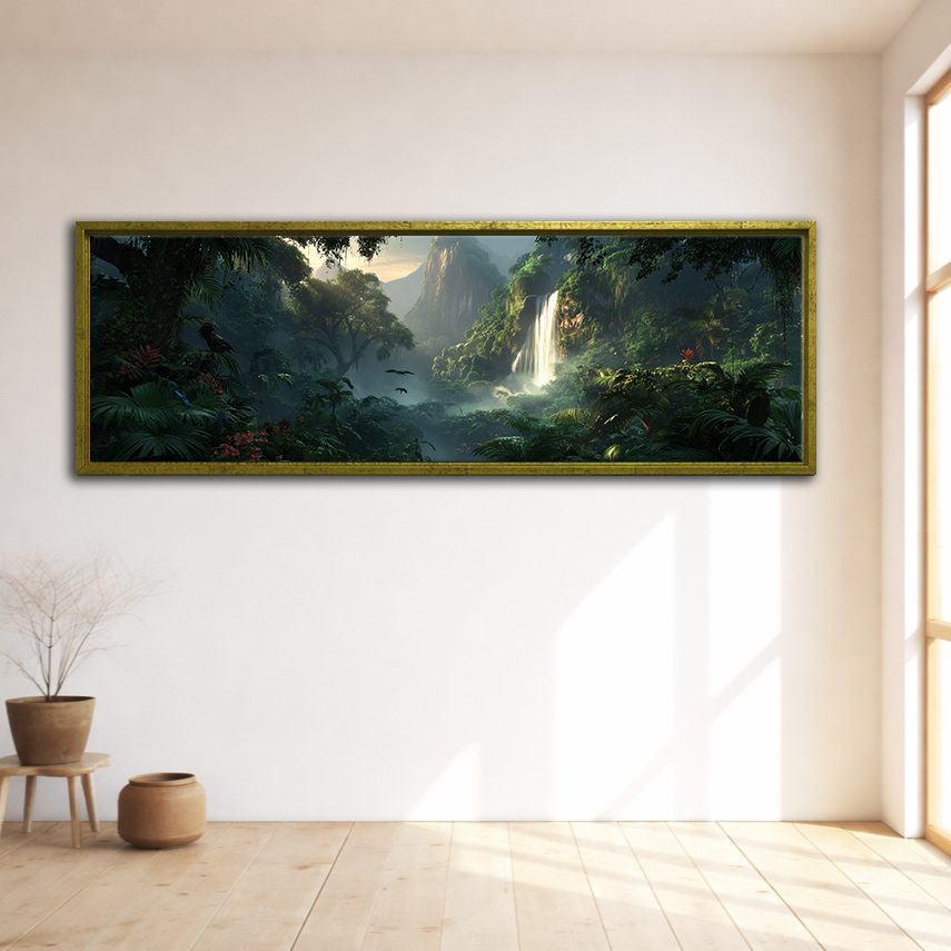 Jungle Waterfall Valley canvas wall art, gold floating frame