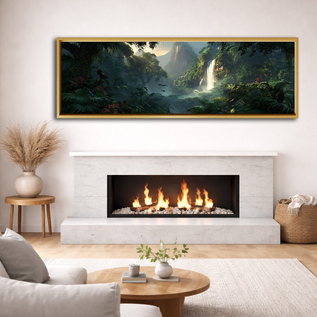 Jungle Waterfall Valley canvas wall art, natural wood floating frame