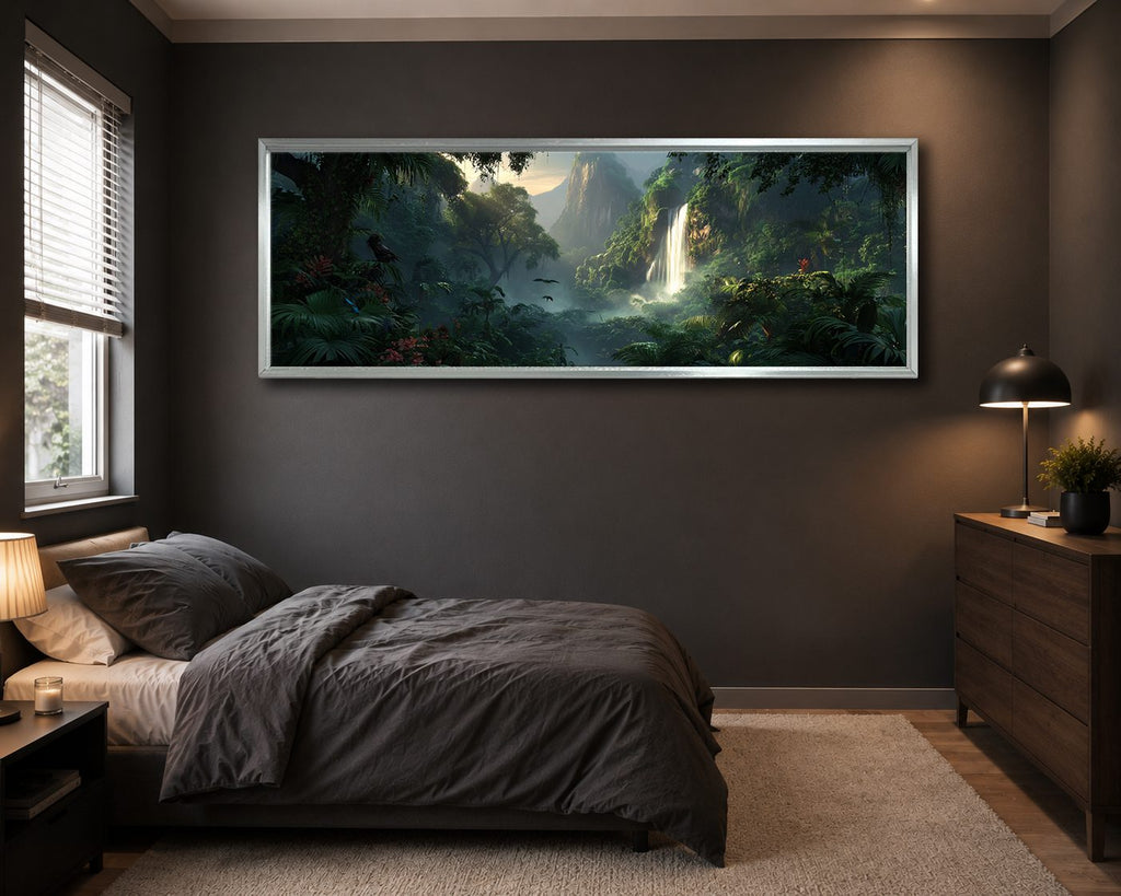 Jungle Waterfall Valley canvas wall art, silver floating frame