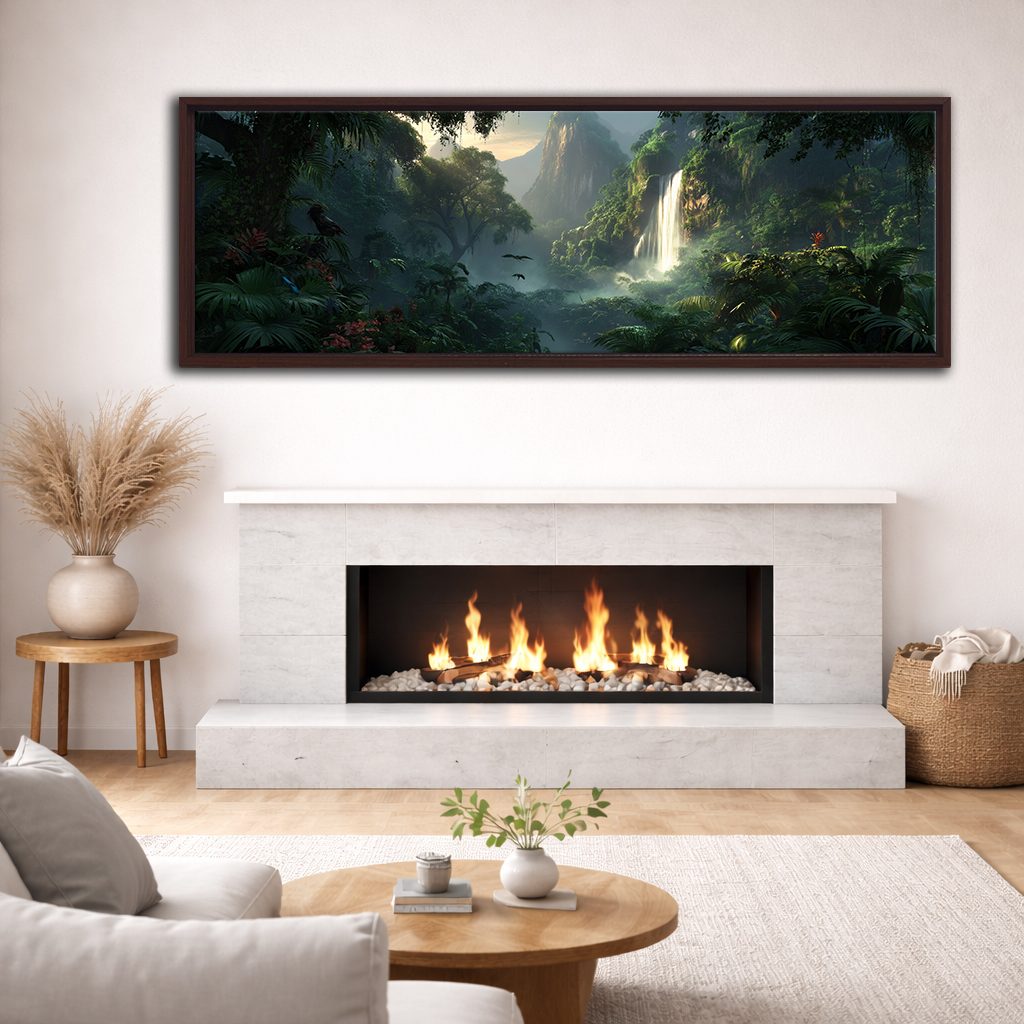Jungle Waterfall Valley canvas wall art, walnut floating frame