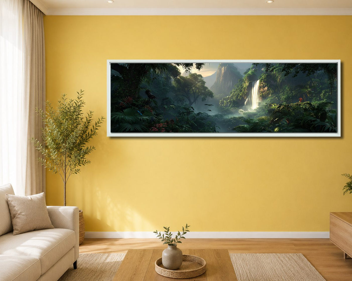 Jungle Waterfall Valley canvas wall art, white floating frame